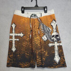 Affliction Board Shorts Men 29 Tronic Orange Cross Script Skull Distressed